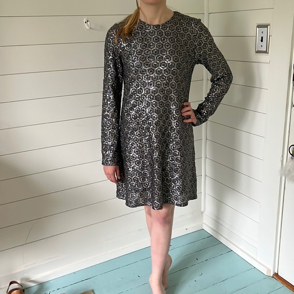Zara Size S Sequin Mini Dress long sleeve blue & silver